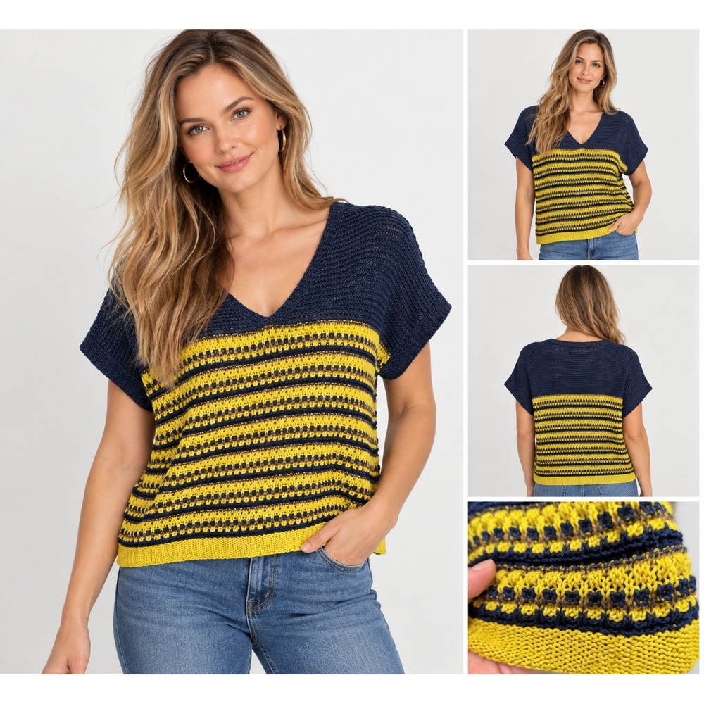 Vertigo Sweater Short Sleeve Navy Yellow Striped Acrylic V-Neck Casual Size L